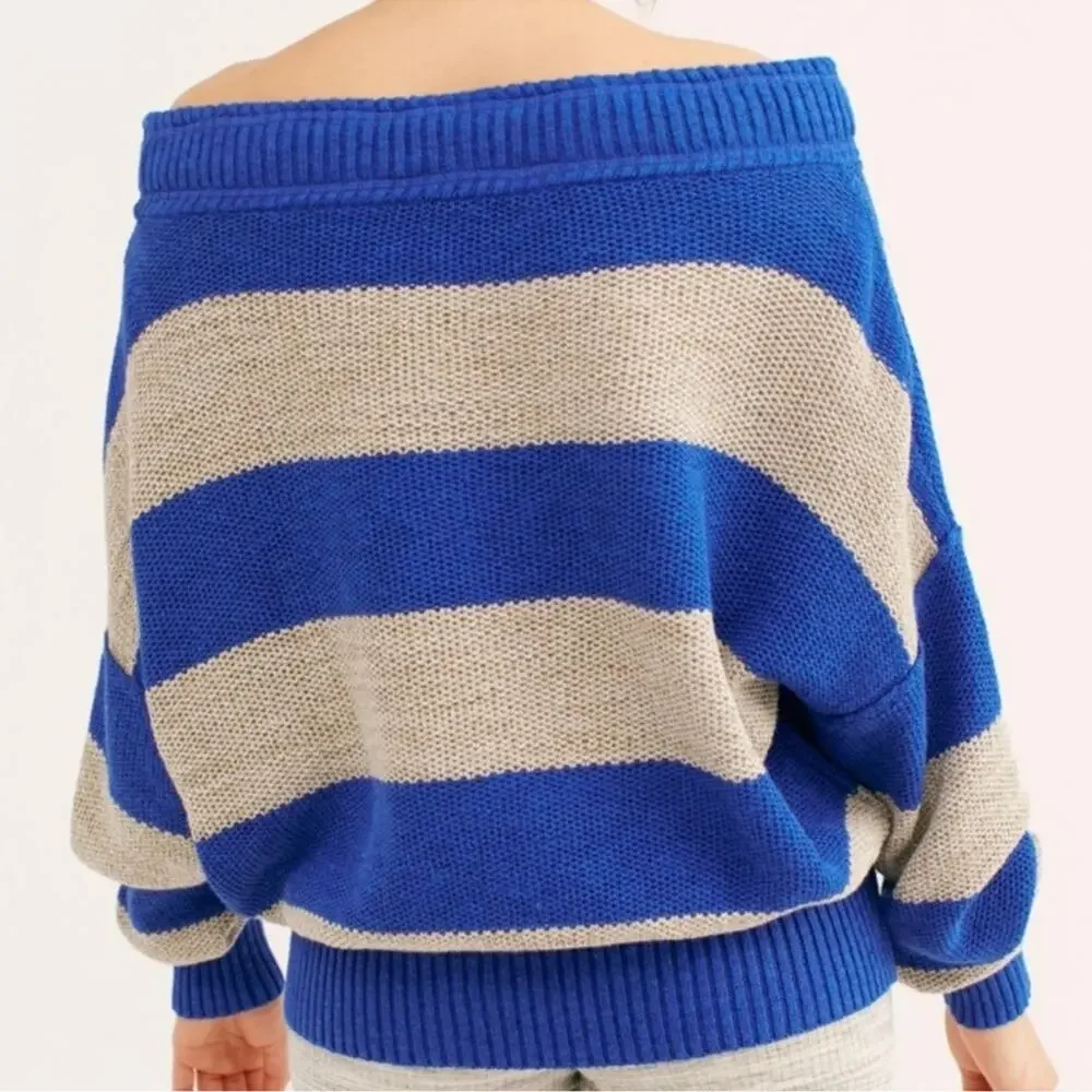 Free People Cassidy Off the Shoulder Striped Linen Blend Pullover Sweater S